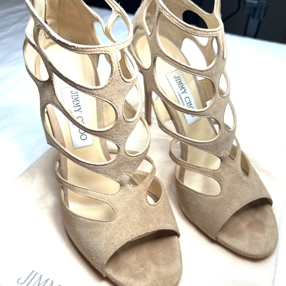 JIMMY CHOO "REN" Suede Beige Caged Sandal